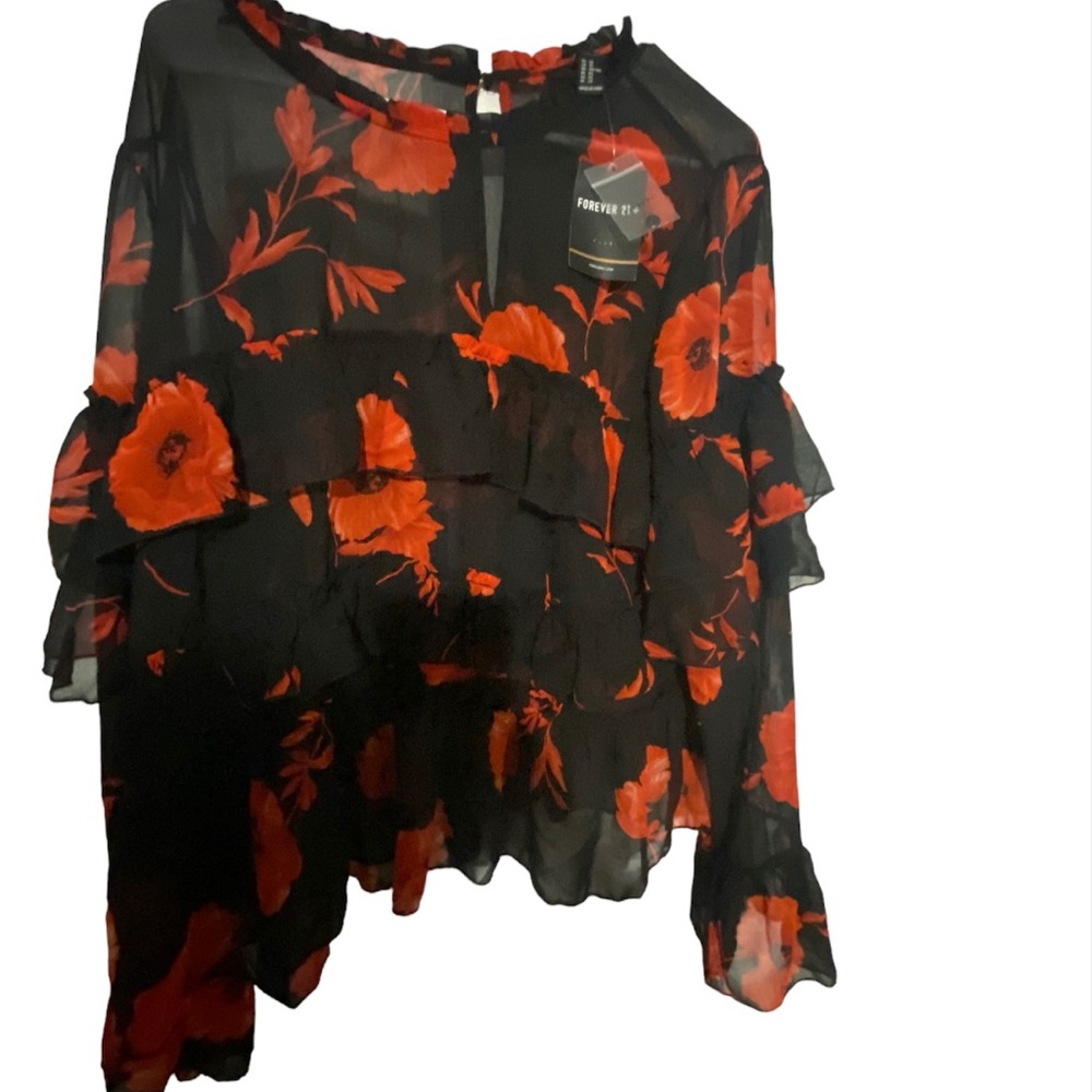 Black and red flower printed sheer top from forever 21+